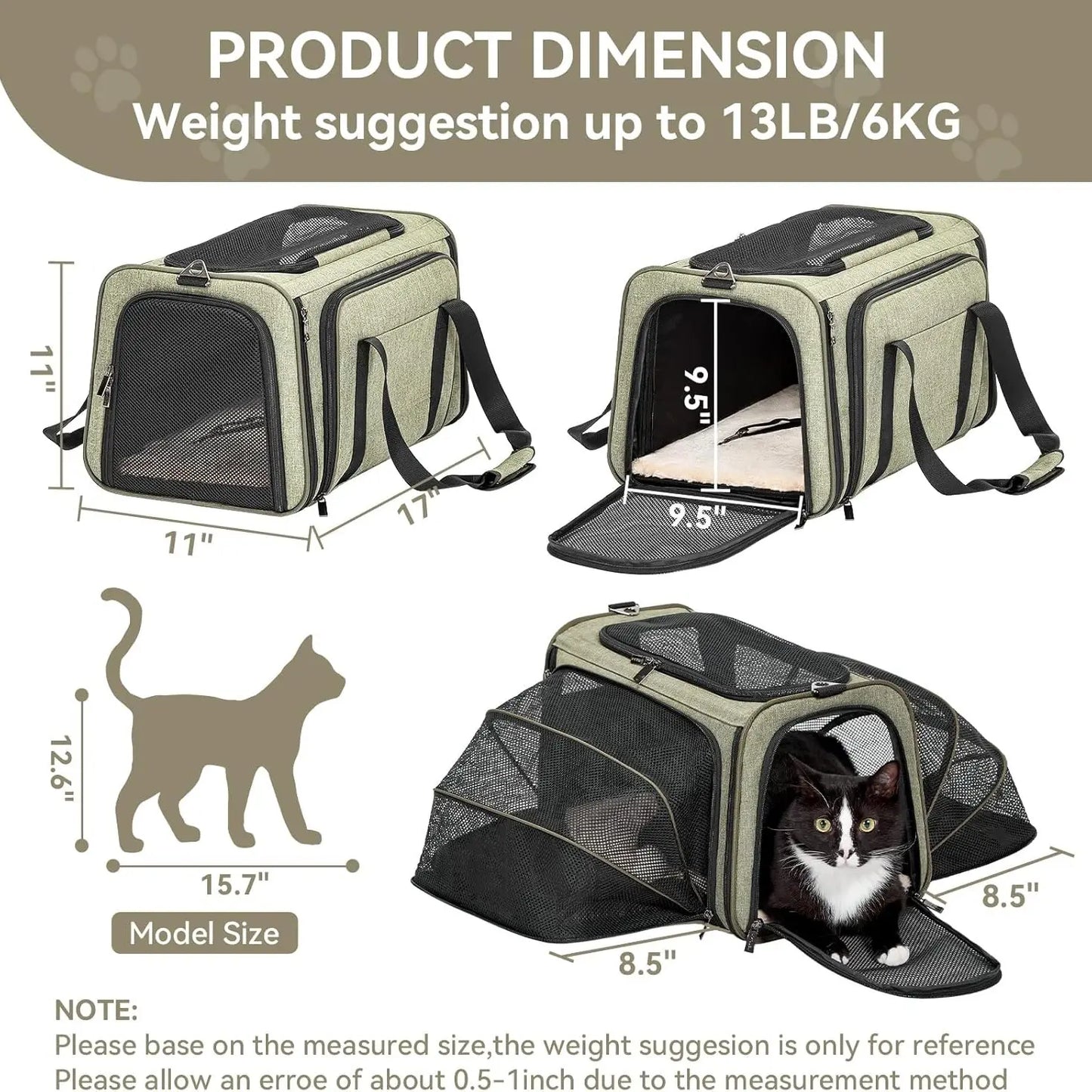 Petsfit Expandable Soft-Sided Pet Carrier for Small Cats & Dogs (Up to 9LB) - Airline Approved, Portable, Washable, 2 Extensions, Solid Fabric, Zipper Closure for Flight Travel