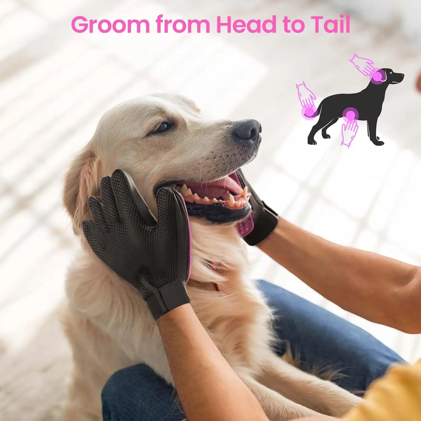 Pet Grooming Gloves, Upgrade Version with Enhanced 255 Silicone Grooming Tips, Hair Remover Mittens for Dogs & Cats, Bath Brush, 2-In-1 Deshedding & Massage Mitt, 5-Finger Flexible Design, for Bathing & Grooming, Safe for Long/Short/Curly Hair Pets