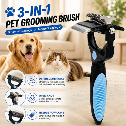 3-In-1 Steel Dematting Deshedding Groomer Tool for Dogs - Universal Shedding Grooming Kit with Safe Blade, Rounded Tips, Teeth Rows, Detangle & Undercoat Care for All Coat Types