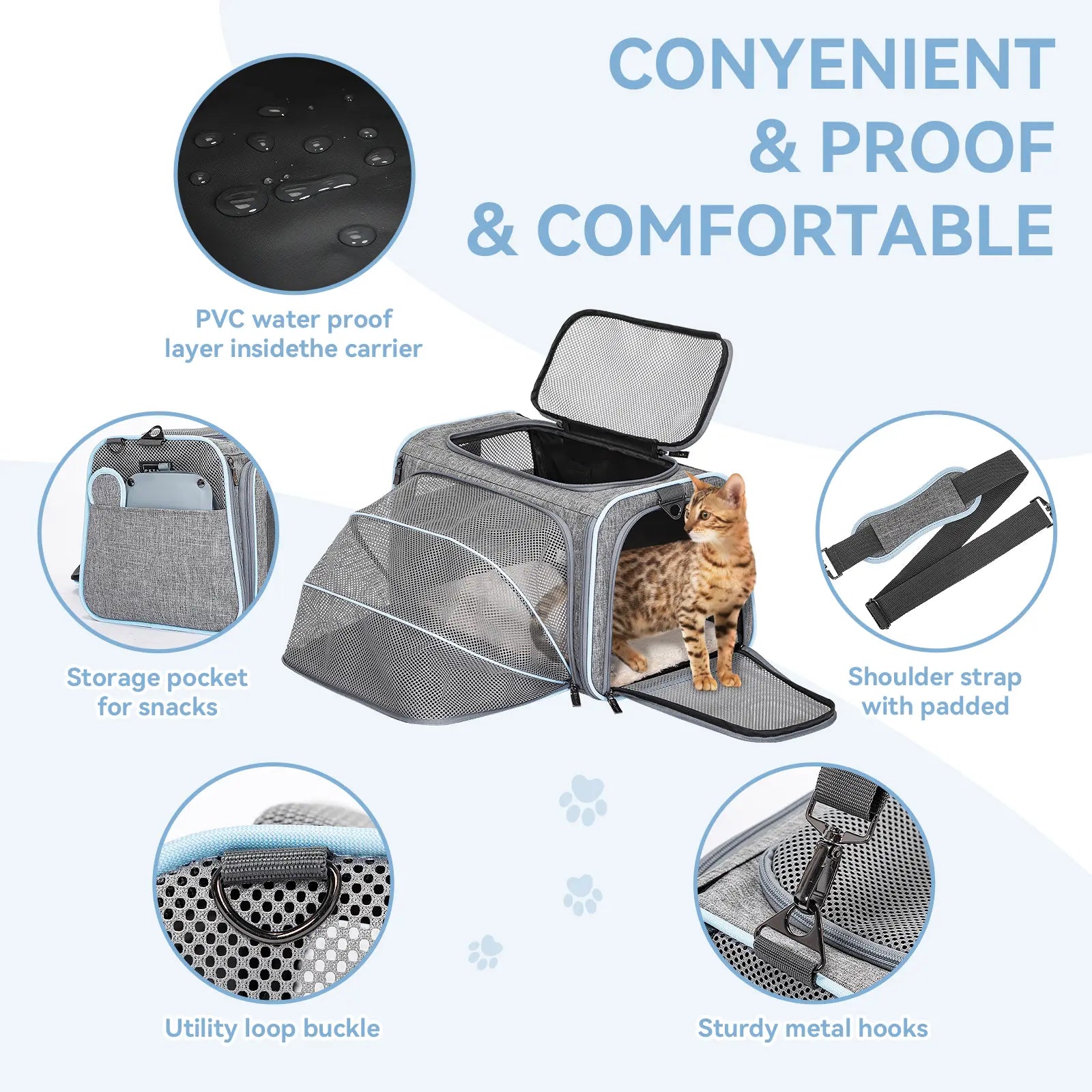 Petsfit Expandable Soft-Sided Pet Carrier for Small Cats & Dogs (Up to 9LB) - Airline Approved, Portable, Washable, 2 Extensions, Solid Fabric, Zipper Closure for Flight Travel