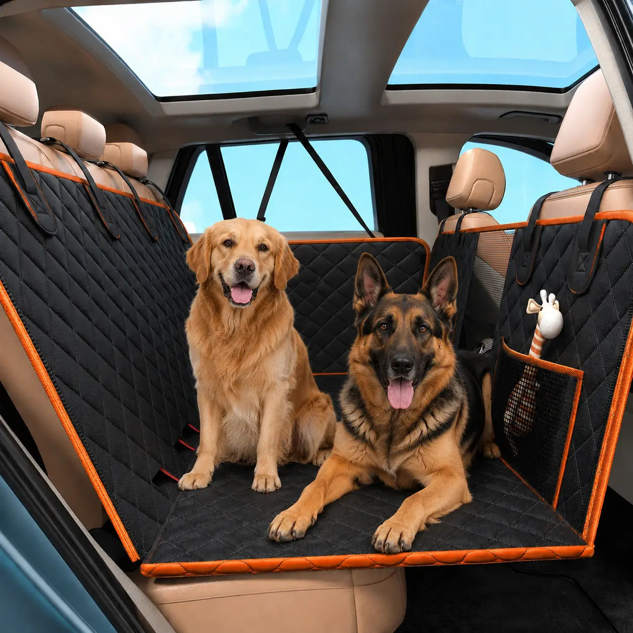 NEW! Hard Bottom Dog Car Seat Cover – Waterproof Scratchproof Back Seat Extender with Side Flaps & Storage Bags, Non-Slip 600D Oxford for Cars Suvs Trucks