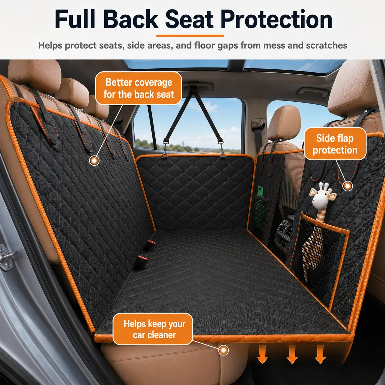 NEW! Hard Bottom Dog Car Seat Cover – Waterproof Scratchproof Back Seat Extender with Side Flaps & Storage Bags, Non-Slip 600D Oxford for Cars Suvs Trucks