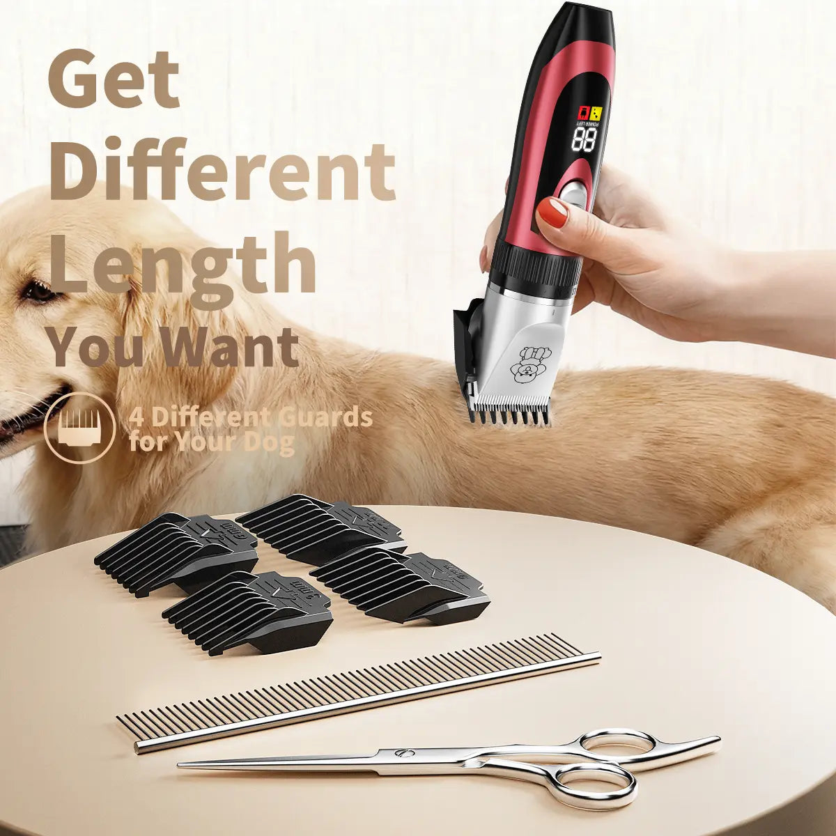 KALHELA Rechargeable Cordless Dog Clippers - Low Noise, Low Vibration, LCD Digital Display Grooming Kit with Deodorant Plastic Combs, Universal Pet Hair Trimmer for Dogs, Rabbits (Small & Large), Cells