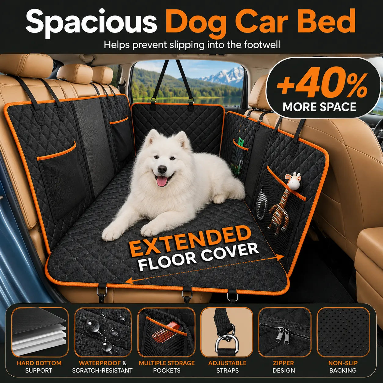 NEW! Hard Bottom Dog Car Seat Cover – Waterproof Scratchproof Back Seat Extender with Side Flaps & Storage Bags, Non-Slip 600D Oxford for Cars Suvs Trucks