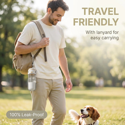 Portable Dog Travel Water Bottle with Food Storage, Leakproof Seal, 1-Touch Dispense, Pet Hydration Aid, Travel Bottle