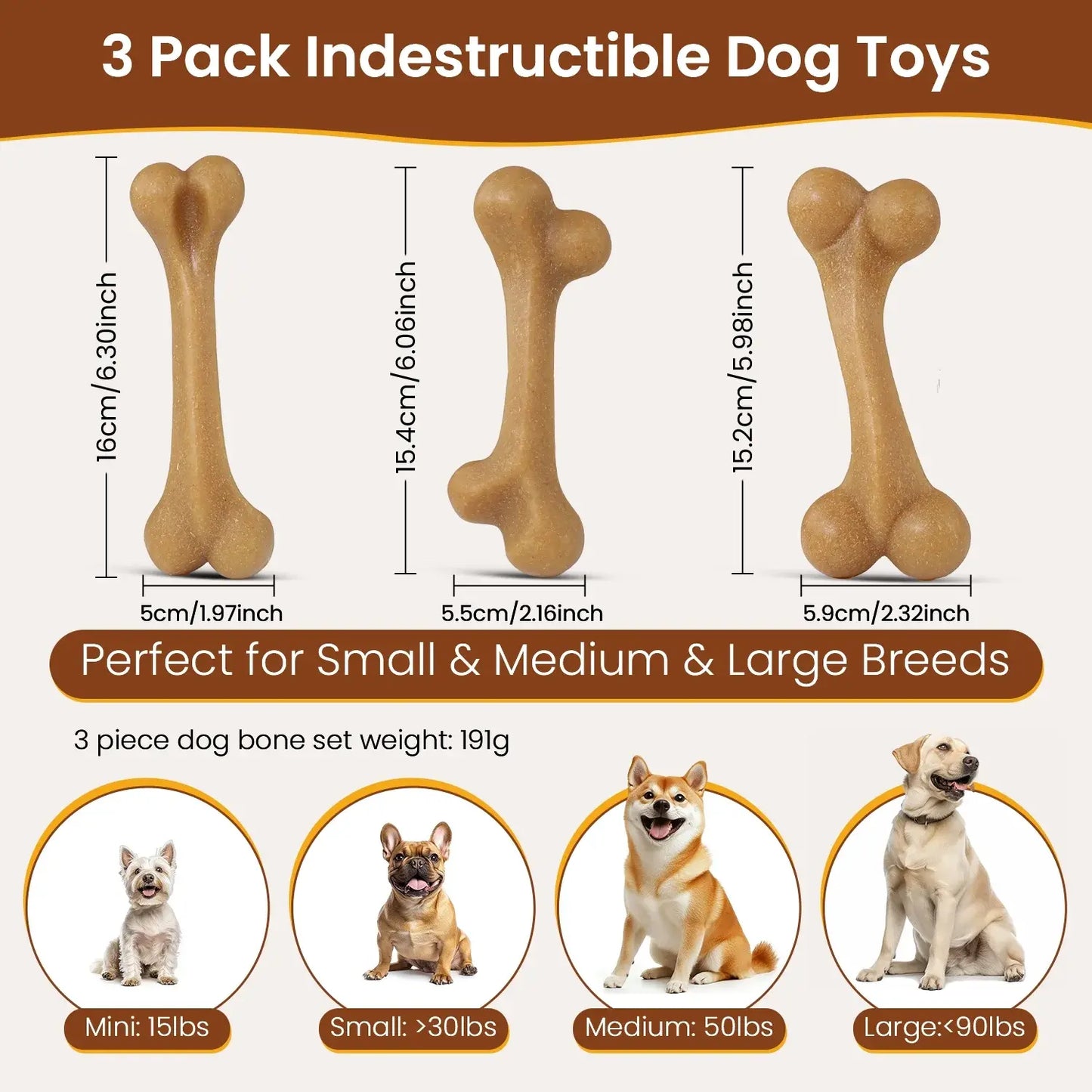 3 Pack Dog Chew Toys for Aggressive Chewers, Tough Nylon Dog Toys for Strong Chewers, Durable Chew Bones Made with Natural Tapioca Starch, Teeth Cleaning Dental Toys, Interactive Puppy Toys for Boredom Relief