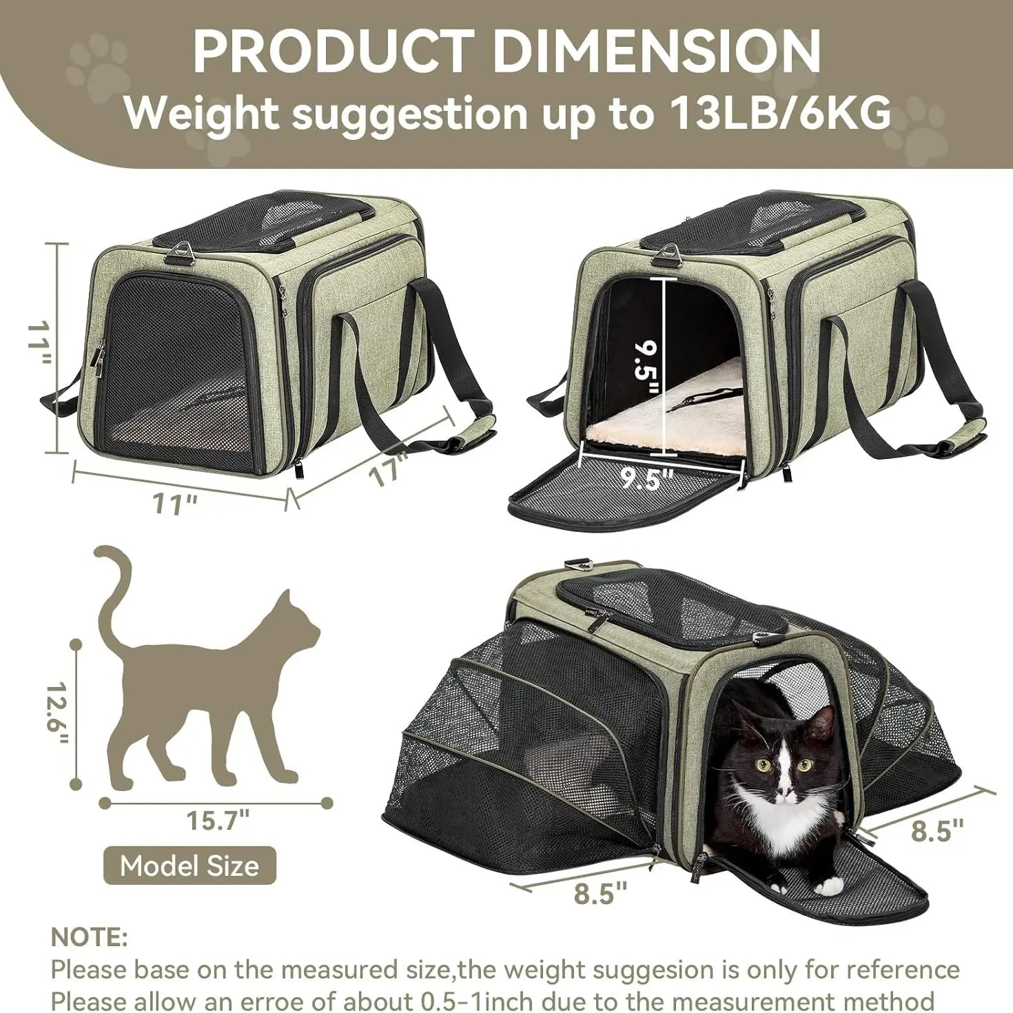 Petsfit Expandable Soft-Sided Pet Carrier for Small Cats & Dogs (Up to 9LB) - Airline Approved, Portable, Washable, 2 Extensions, Solid Fabric, Zipper Closure for Flight Travel