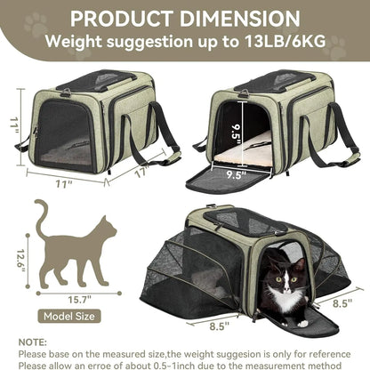 Petsfit Expandable Soft-Sided Pet Carrier for Small Cats & Dogs (Up to 9LB) - Airline Approved, Portable, Washable, 2 Extensions, Solid Fabric, Zipper Closure for Flight Travel