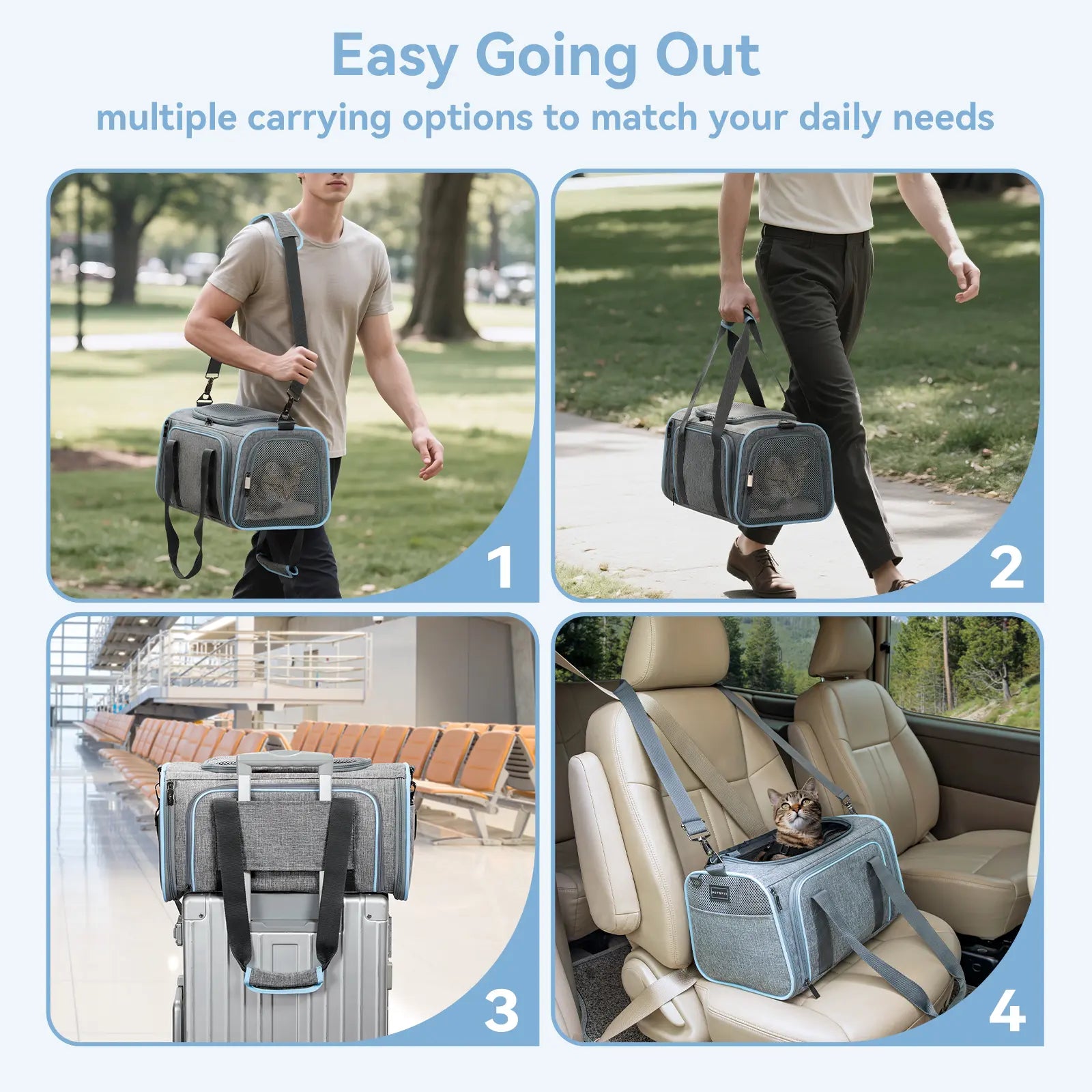 Petsfit Expandable Soft-Sided Pet Carrier for Small Cats & Dogs (Up to 9LB) - Airline Approved, Portable, Washable, 2 Extensions, Solid Fabric, Zipper Closure for Flight Travel