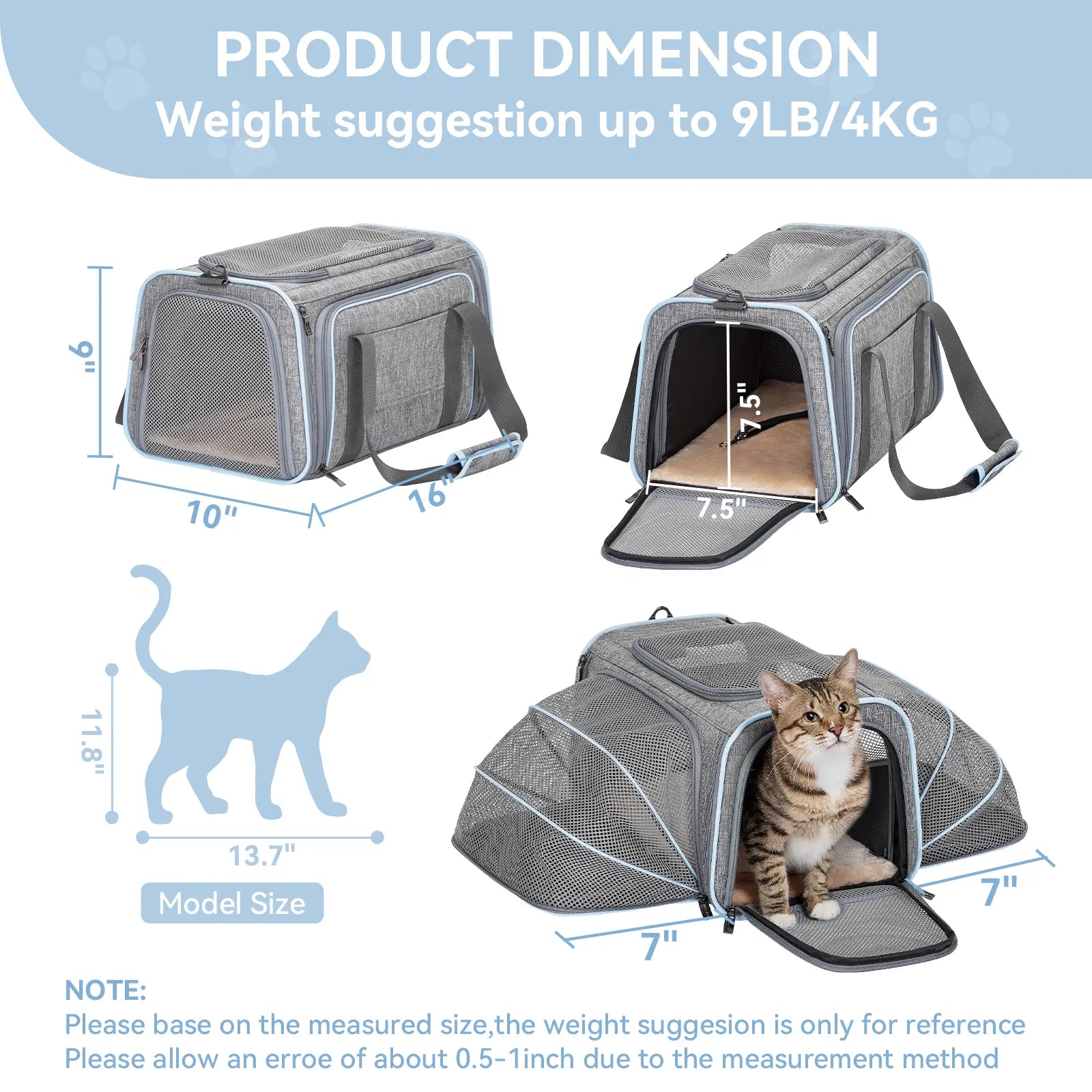 Petsfit Expandable Soft-Sided Pet Carrier for Small Cats & Dogs (Up to 9LB) - Airline Approved, Portable, Washable, 2 Extensions, Solid Fabric, Zipper Closure for Flight Travel