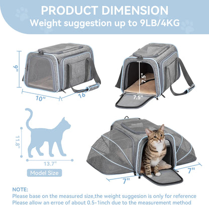 Petsfit Expandable Soft-Sided Pet Carrier for Small Cats & Dogs (Up to 9LB) - Airline Approved, Portable, Washable, 2 Extensions, Solid Fabric, Zipper Closure for Flight Travel