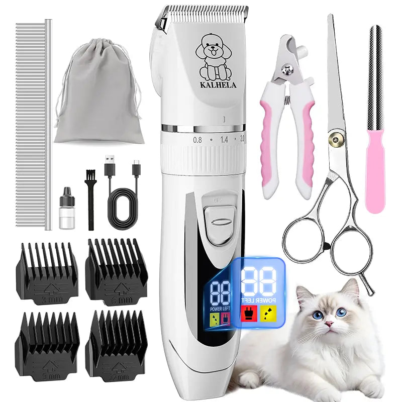 KALHELA Rechargeable Cordless Dog Clippers - Low Noise, Low Vibration, LCD Digital Display Grooming Kit with Deodorant Plastic Combs, Universal Pet Hair Trimmer for Dogs, Rabbits (Small & Large), Cells