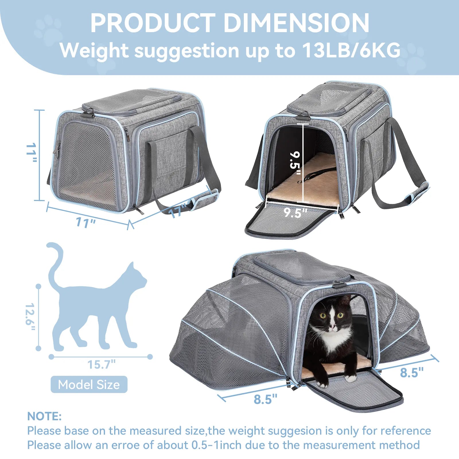 Petsfit Expandable Soft-Sided Pet Carrier for Small Cats & Dogs (Up to 9LB) - Airline Approved, Portable, Washable, 2 Extensions, Solid Fabric, Zipper Closure for Flight Travel