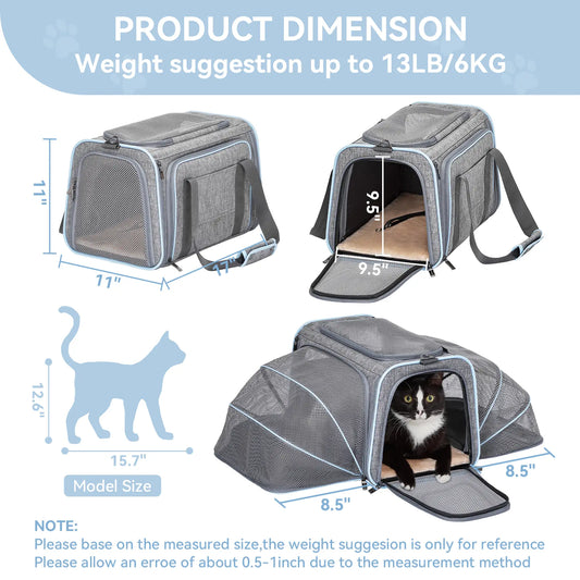 Petsfit Expandable Soft-Sided Pet Carrier for Small Cats & Dogs (Up to 9LB) - Airline Approved, Portable, Washable, 2 Extensions, Solid Fabric, Zipper Closure for Flight Travel