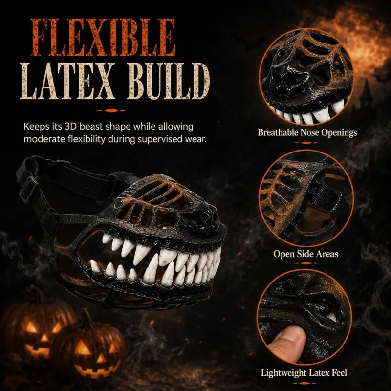 Scary Hell Hound Monster Muzzle for Dogs, Halloween Dog Costume Mask with Realistic Fangs, Natural Latex Pet Accessory with Adjustable Strap