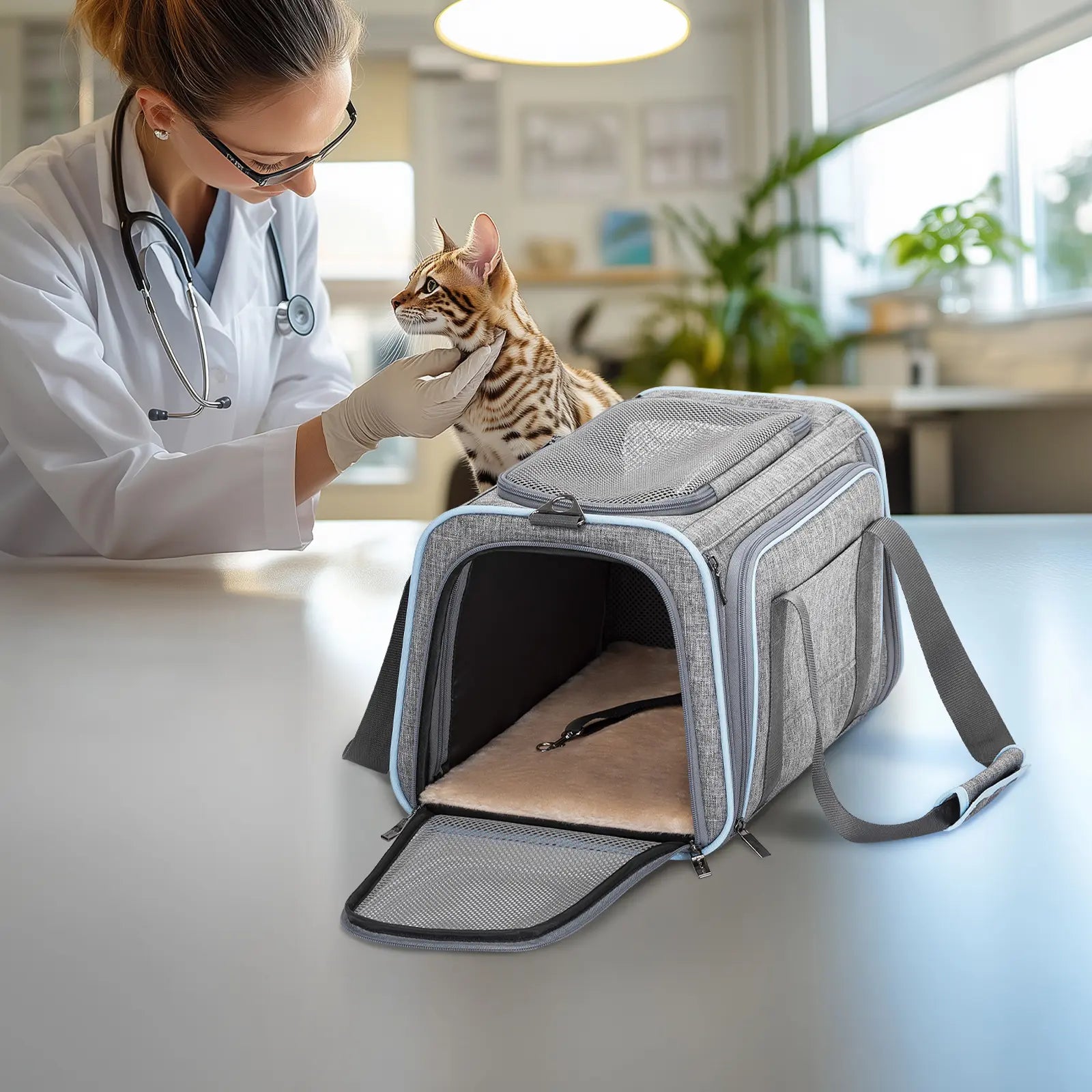 Petsfit Expandable Soft-Sided Pet Carrier for Small Cats & Dogs (Up to 9LB) - Airline Approved, Portable, Washable, 2 Extensions, Solid Fabric, Zipper Closure for Flight Travel