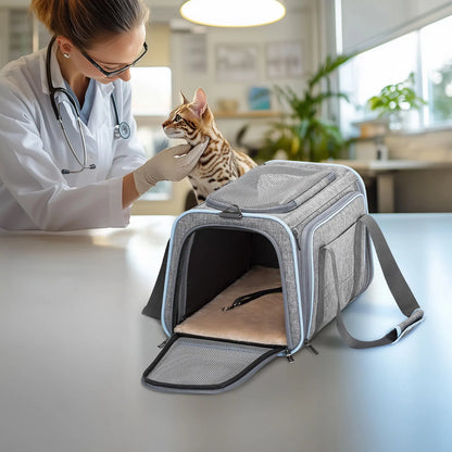 Petsfit Expandable Soft-Sided Pet Carrier for Small Cats & Dogs (Up to 9LB) - Airline Approved, Portable, Washable, 2 Extensions, Solid Fabric, Zipper Closure for Flight Travel
