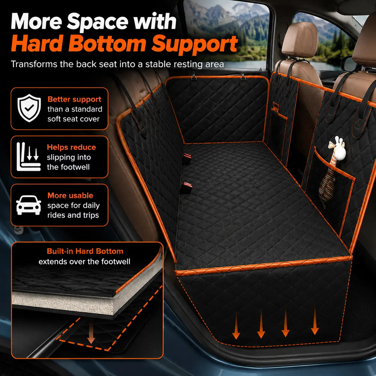 NEW! Hard Bottom Dog Car Seat Cover – Waterproof Scratchproof Back Seat Extender with Side Flaps & Storage Bags, Non-Slip 600D Oxford for Cars Suvs Trucks