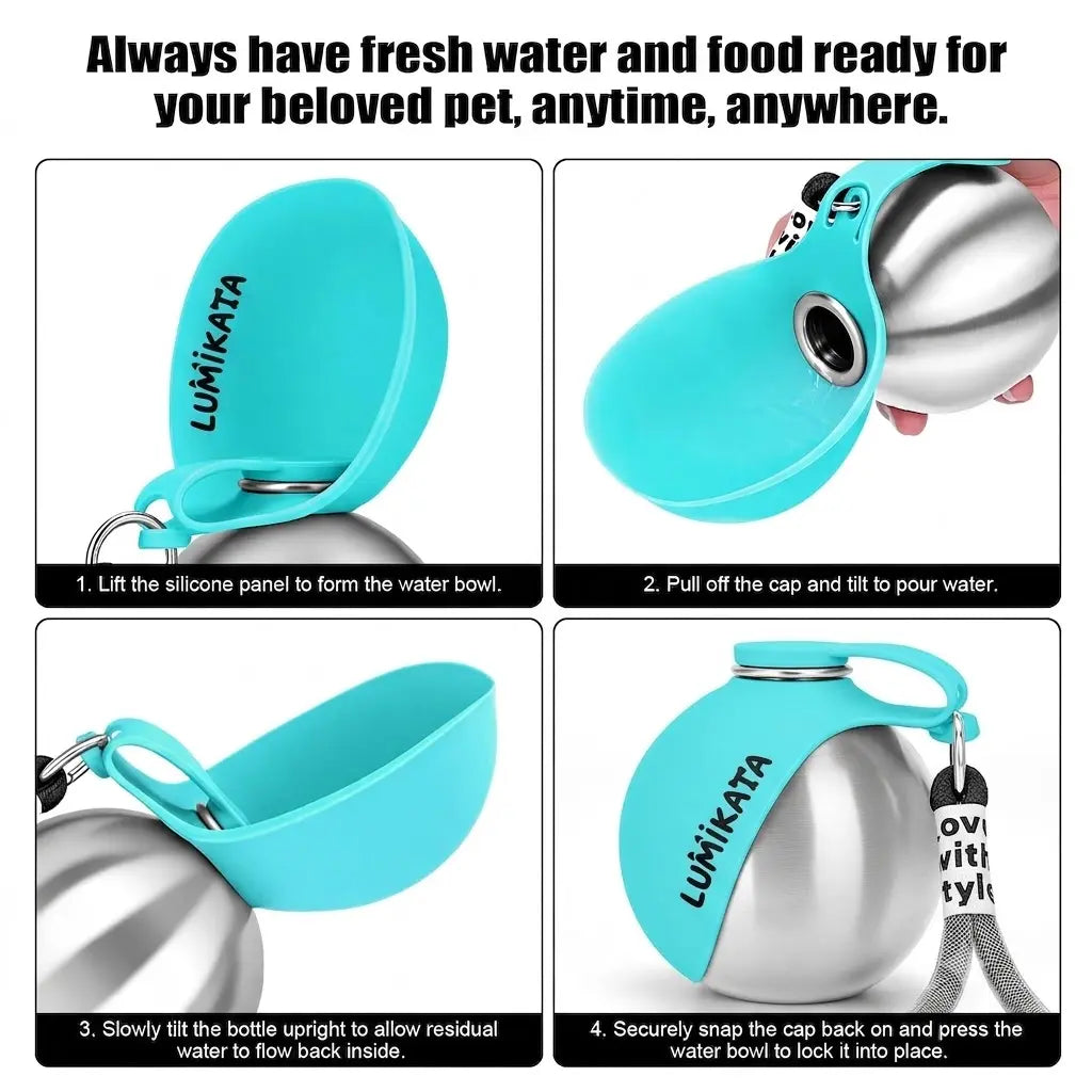 Lumikata 2-in-1 Portable Dog Water Bottle and Bowl - 10oz Stainless Steel, Leak-Proof Design for Walking and Travel