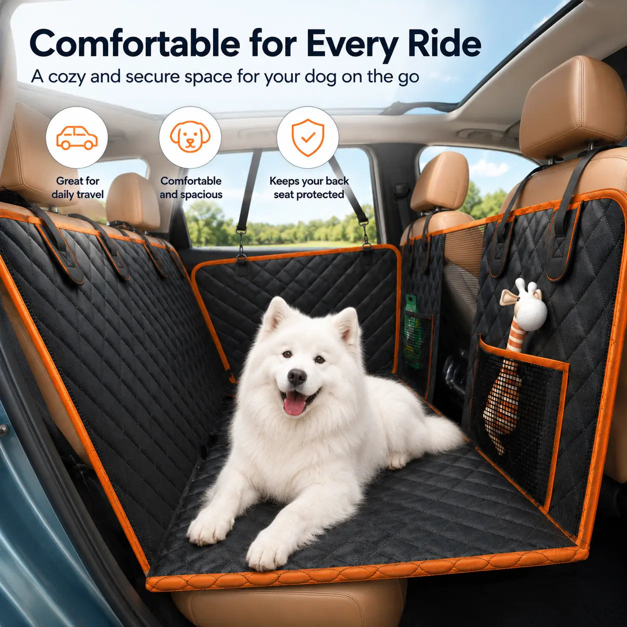 NEW! Hard Bottom Dog Car Seat Cover – Waterproof Scratchproof Back Seat Extender with Side Flaps & Storage Bags, Non-Slip 600D Oxford for Cars Suvs Trucks