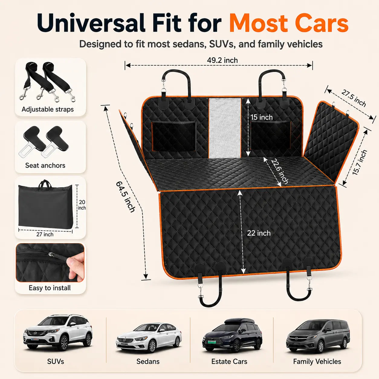 NEW! Hard Bottom Dog Car Seat Cover – Waterproof Scratchproof Back Seat Extender with Side Flaps & Storage Bags, Non-Slip 600D Oxford for Cars Suvs Trucks
