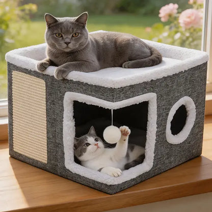 Large Cat Bed for Indoor Cats, Soft Foldable Cat Cave Hideaway for Kittens & Adult Cats with Sisal Scratch Pad & Hanging Fluffy Ball, 16.5"X16.5"X14", Grey