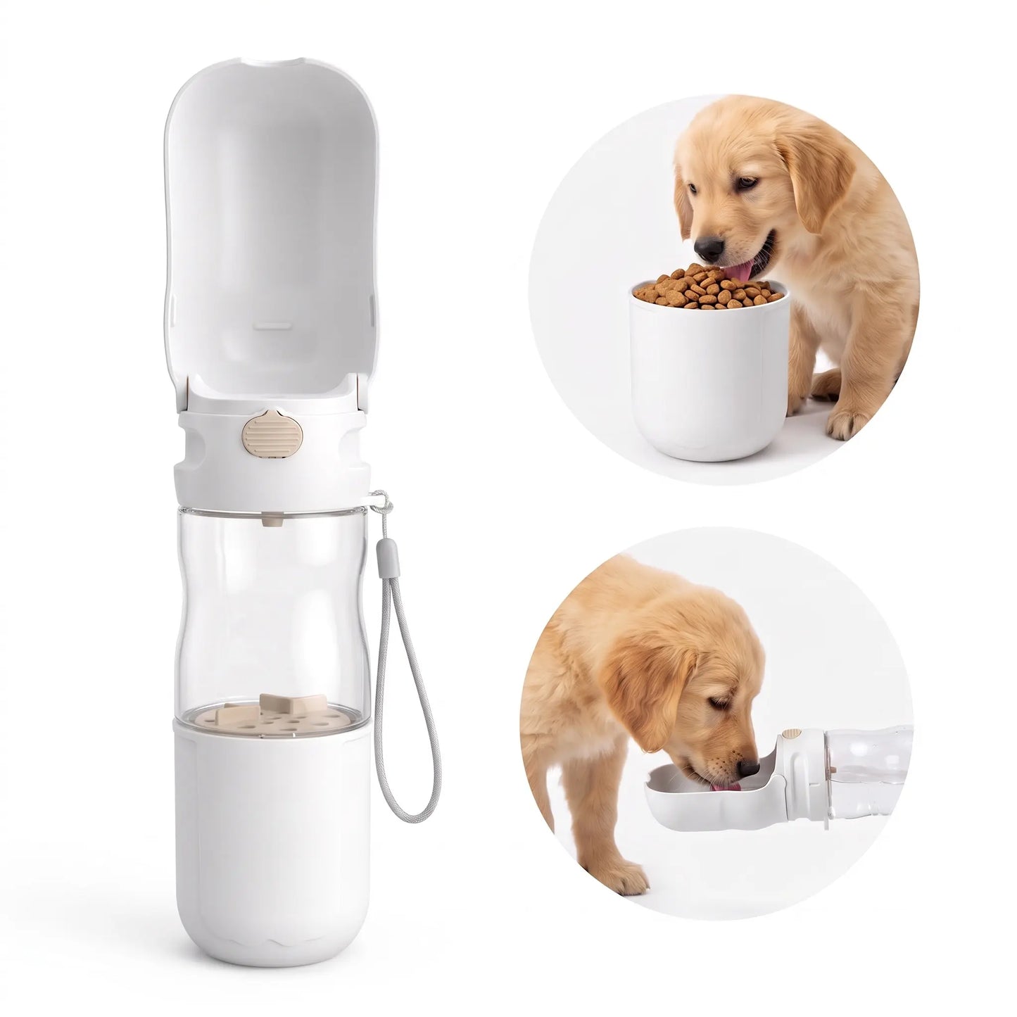 Portable Dog Travel Water Bottle with Food Storage, Leakproof Seal, 1-Touch Dispense, Pet Hydration Aid, Travel Bottle