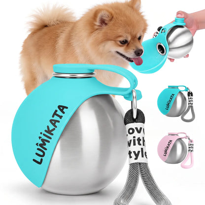 Lumikata 2-in-1 Portable Dog Water Bottle and Bowl - 10oz Stainless Steel, Leak-Proof Design for Walking and Travel