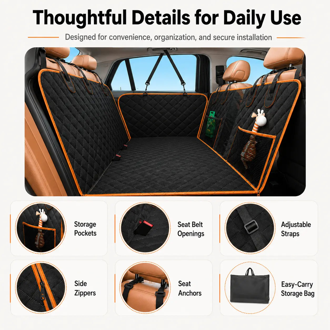 NEW! Hard Bottom Dog Car Seat Cover – Waterproof Scratchproof Back Seat Extender with Side Flaps & Storage Bags, Non-Slip 600D Oxford for Cars Suvs Trucks
