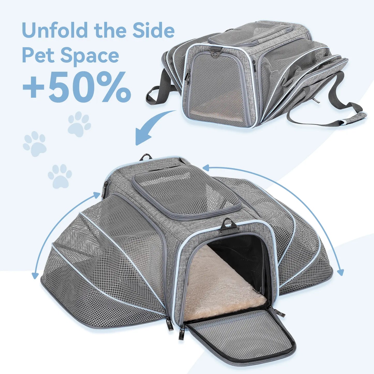Petsfit Expandable Soft-Sided Pet Carrier for Small Cats & Dogs (Up to 9LB) - Airline Approved, Portable, Washable, 2 Extensions, Solid Fabric, Zipper Closure for Flight Travel