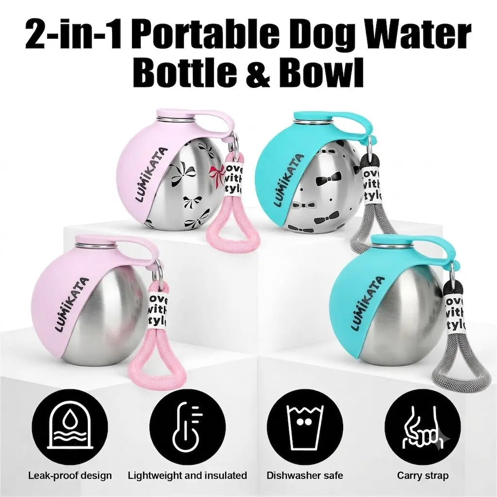 Lumikata 2-in-1 Portable Dog Water Bottle and Bowl - 10oz Stainless Steel, Leak-Proof Design for Walking and Travel