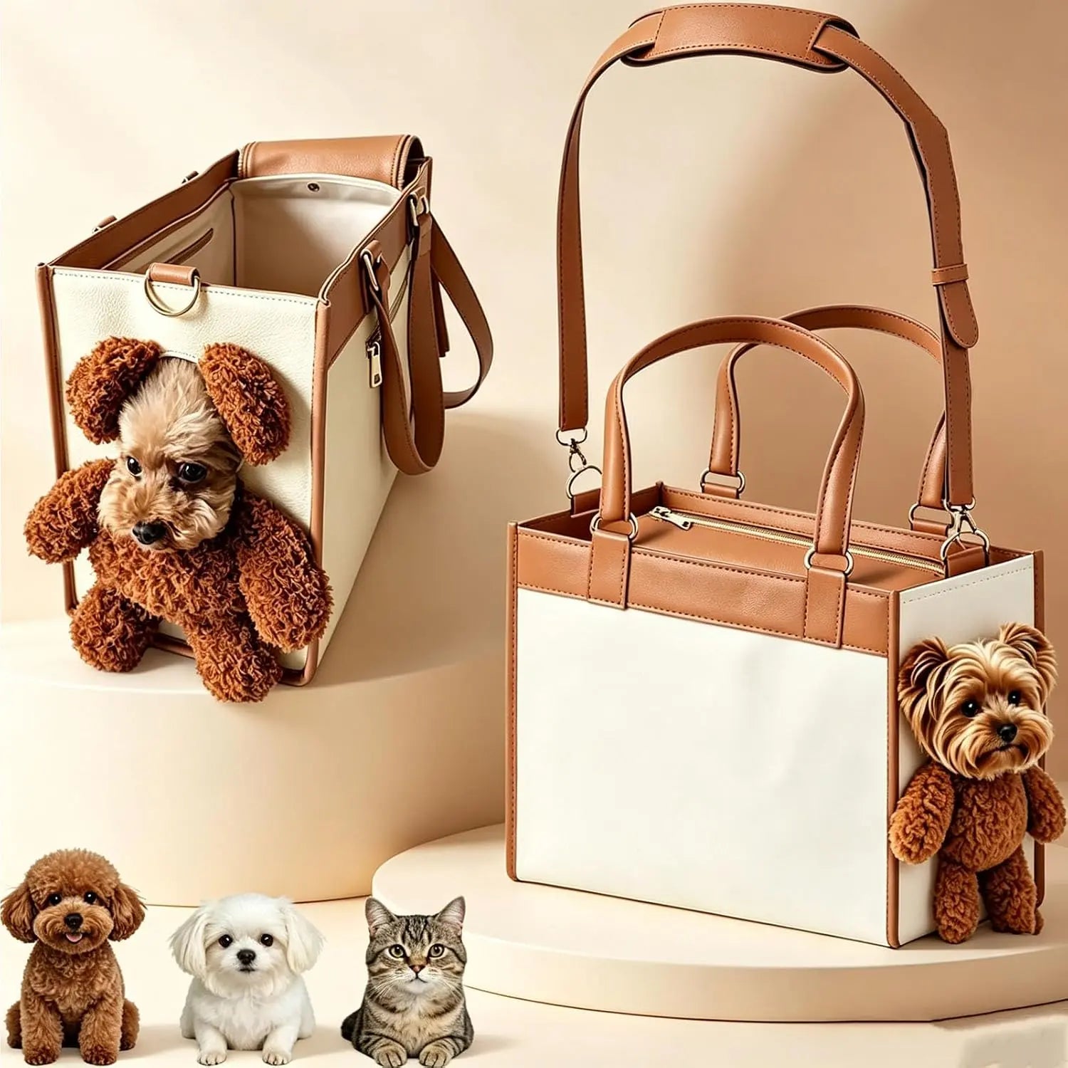 Teddy Carrier Bag for Dogs and Cats, Teddy Bear Dog Carrier Bag, Portable PU Leather Shoulder Tote，2 in 1 Multifunctional Pet Handbag with Plush Ears, Portable Convenient