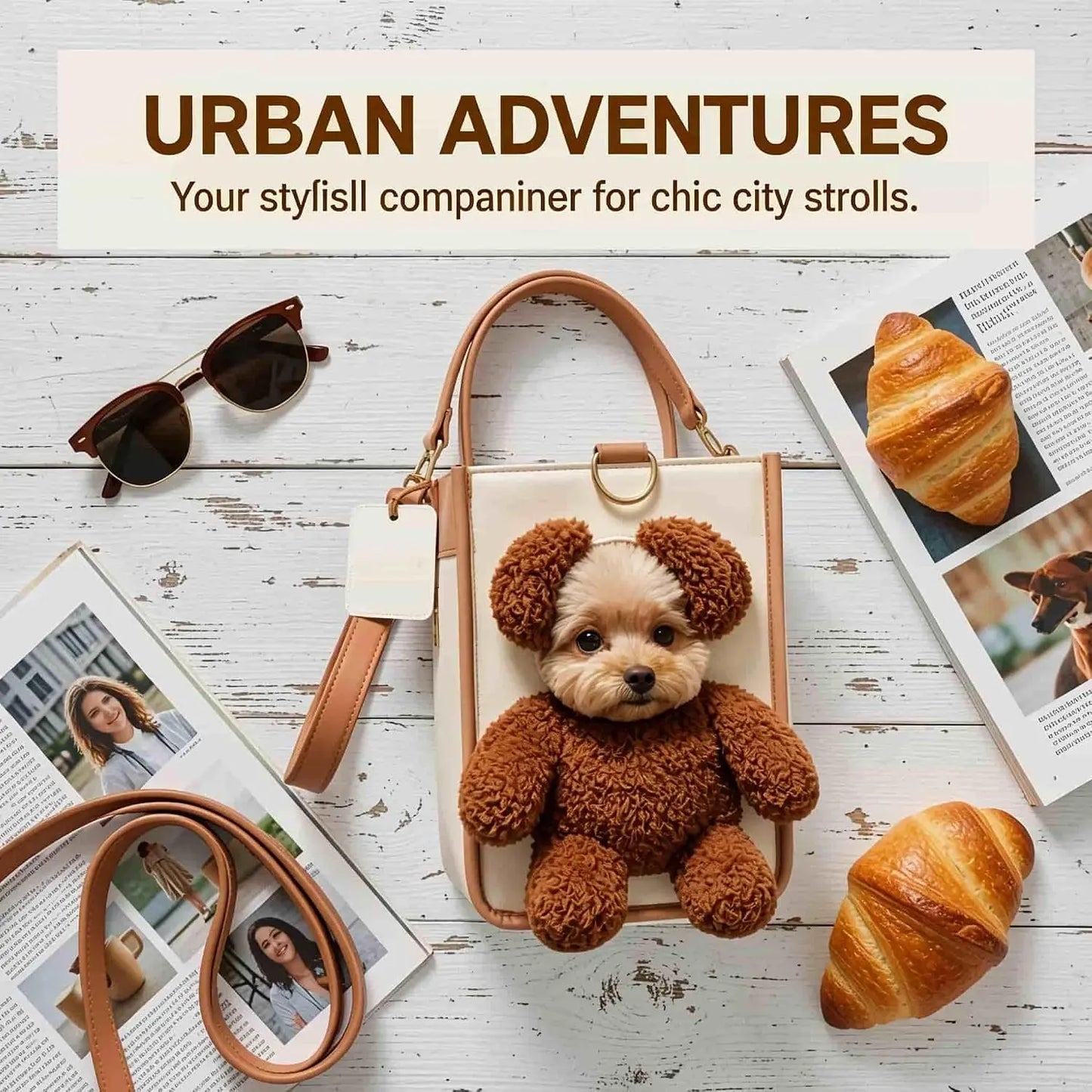Teddy Carrier Bag for Dogs and Cats, Teddy Bear Dog Carrier Bag, Portable PU Leather Shoulder Tote，2 in 1 Multifunctional Pet Handbag with Plush Ears, Portable Convenient