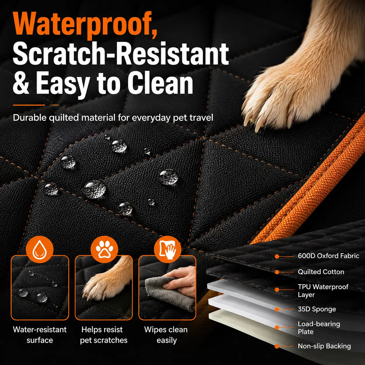 NEW! Hard Bottom Dog Car Seat Cover – Waterproof Scratchproof Back Seat Extender with Side Flaps & Storage Bags, Non-Slip 600D Oxford for Cars Suvs Trucks