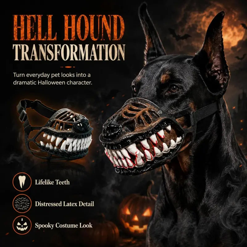 Scary Hell Hound Monster Muzzle for Dogs, Halloween Dog Costume Mask with Realistic Fangs, Natural Latex Pet Accessory with Adjustable Strap